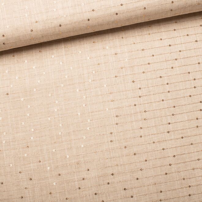 Striped linen viscose fabric with sequins sand