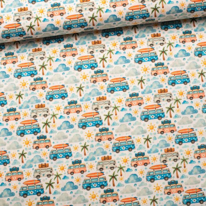 Cotton woven fabric Camperbus Holidays white