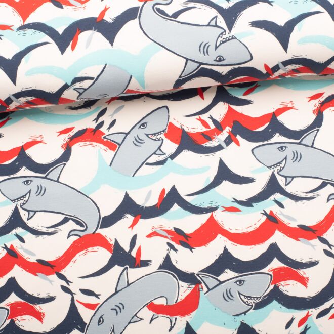 French Terry Sharks ecru/blau