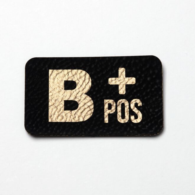 Artificial leather label "Blood group B+" (black/gold)