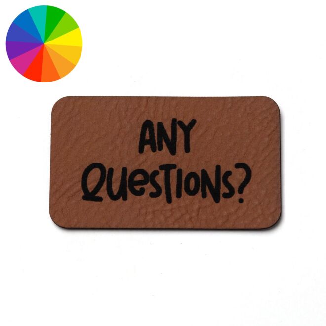 Imitation leather label "Any questions?" (50mm x 30mm)
