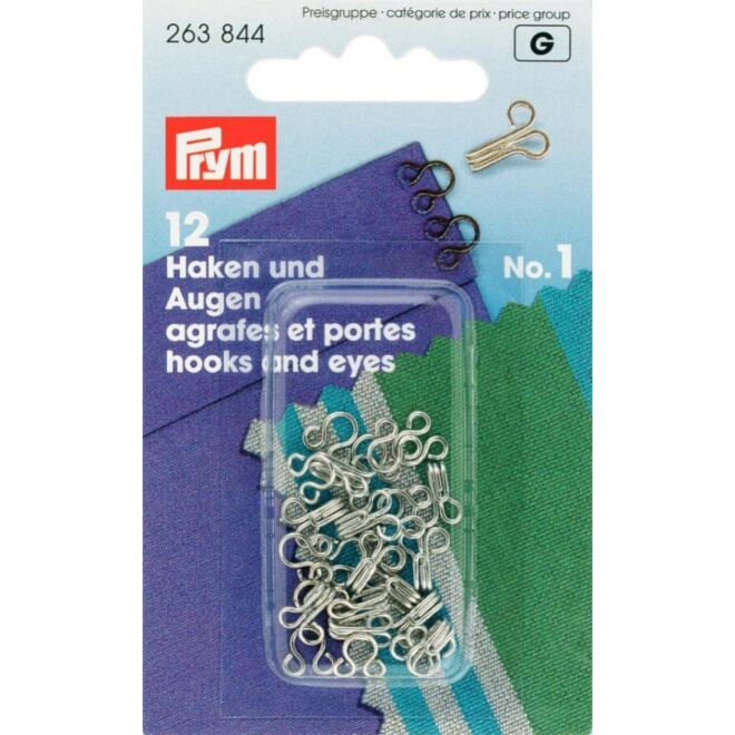 Prym spring hooks and eyes (Haftel), size 1, silver-colored