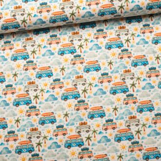 Cotton woven fabric Camperbus Holidays white