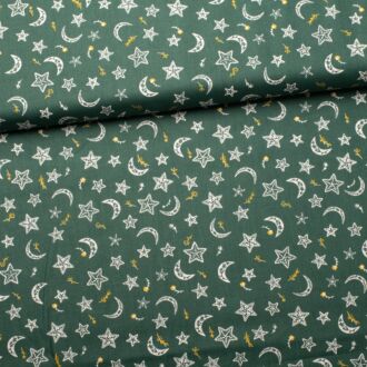 Woven cotton fabric Nordic Moon and Stars green