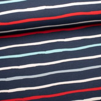 French Terry Sharks Stripes rot/blau/ecru